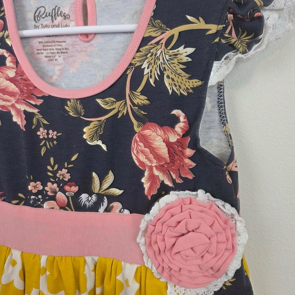 Ruffles by Tutu and Lulu Girls Floral Lace Ruffle Dress Pink Yellow Size 6-7Y